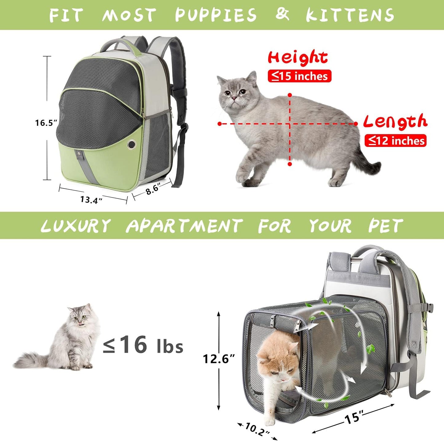 Pet Backpack Expandable - Cat Backpack Expandable - Pet Expandable Backpack Carrier for Small Dogs Backpack Carrier,Mesh Expandable Cat Backpack Carrier up to 16Lbs, Escape-Proof Zipper, Green