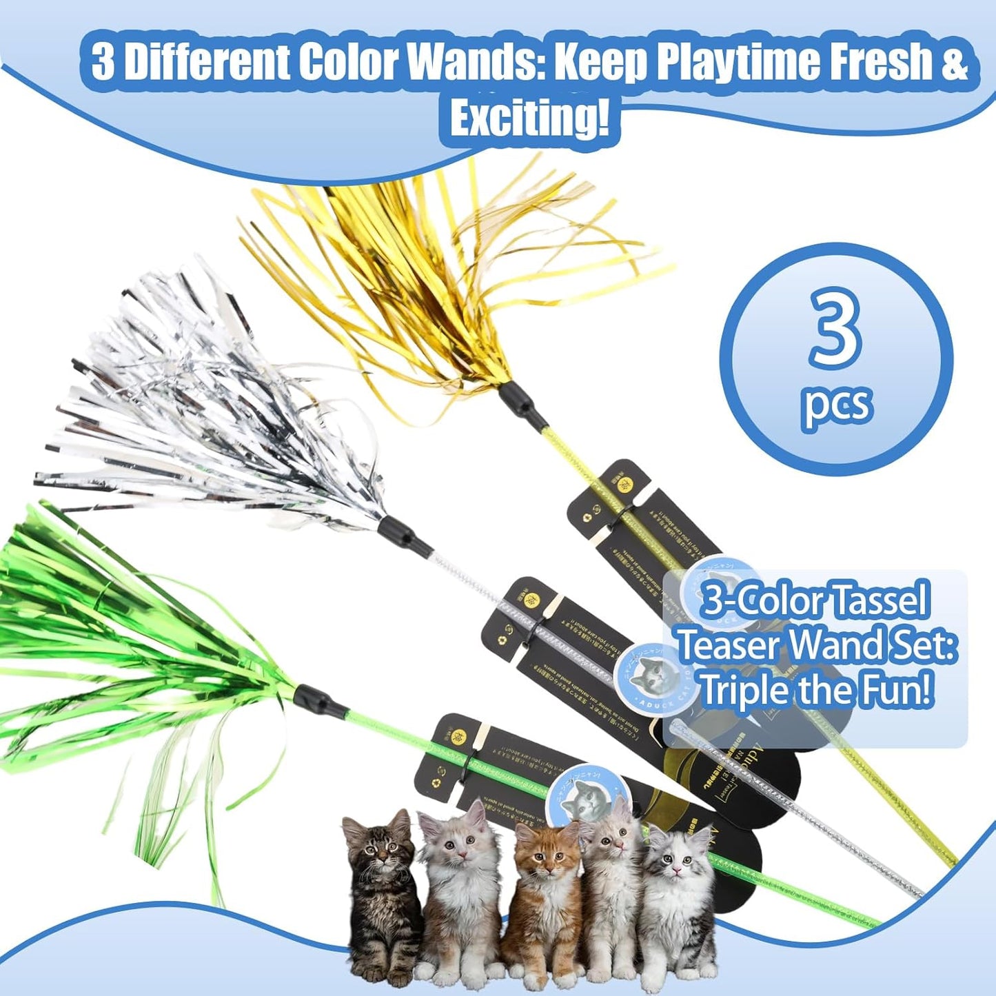 Interactive Cat Teaser Wand Toy with Tassels - Durable Cat Chaser for Indoor Kitten Exercise, Boredom Relief & Training Play, Pack of 3 (Gold, Silver, Green)