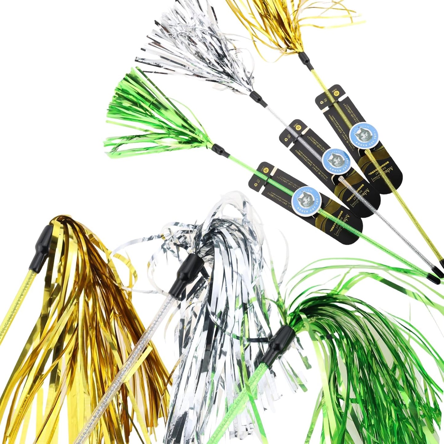 Interactive Cat Teaser Wand Toy with Tassels - Durable Cat Chaser for Indoor Kitten Exercise, Boredom Relief & Training Play, Pack of 3 (Gold, Silver, Green)