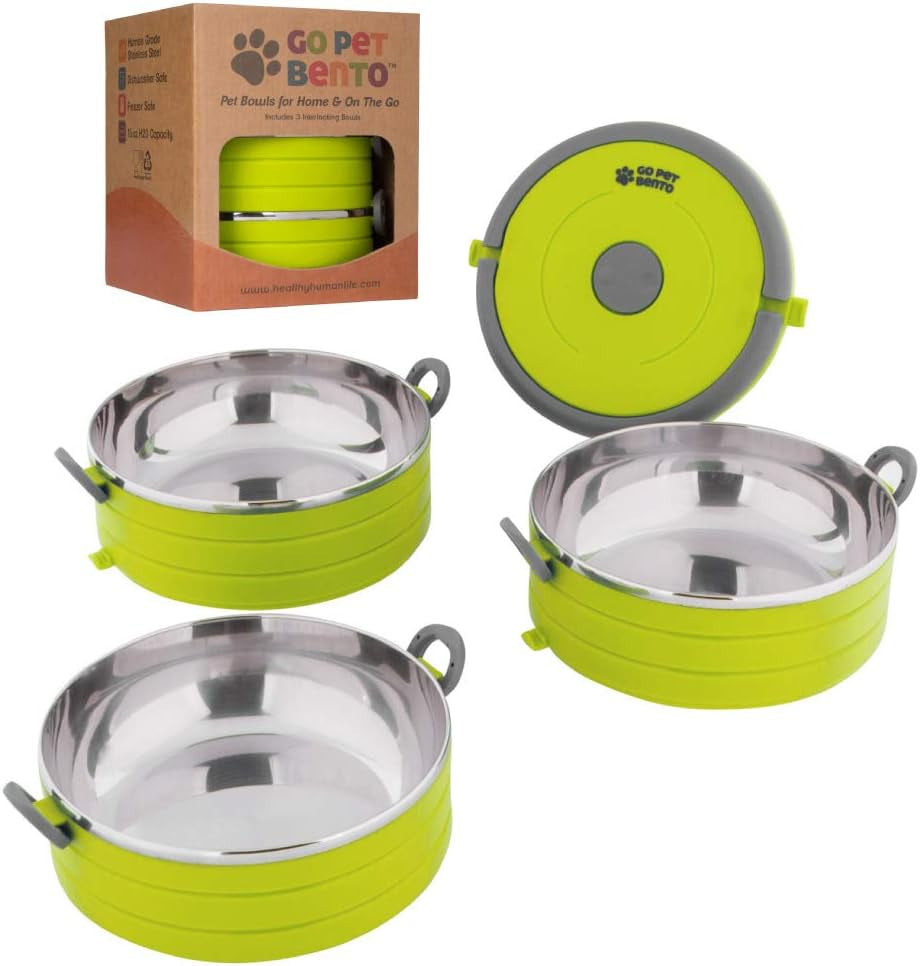 Travel Pet Bento Bowls - Human-Grade Stainless Steel & Bpa-Free, Leak-Proof Water & Food Container Set for Dogs & Cats, 3-Pack Interlocking Bowls, Includes Spare Clips & Handle (Green)