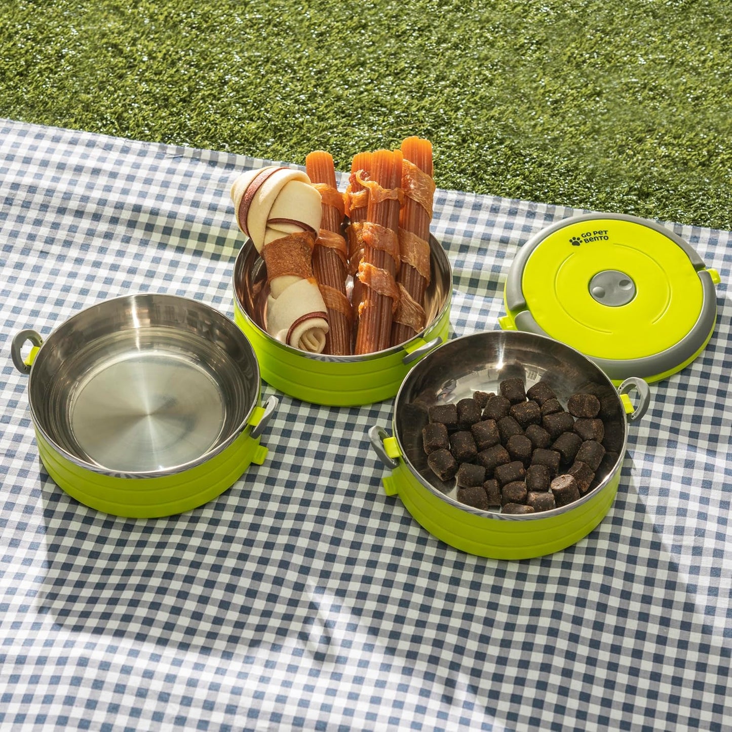 Travel Pet Bento Bowls - Human-Grade Stainless Steel & Bpa-Free, Leak-Proof Water & Food Container Set for Dogs & Cats, 3-Pack Interlocking Bowls, Includes Spare Clips & Handle (Green)