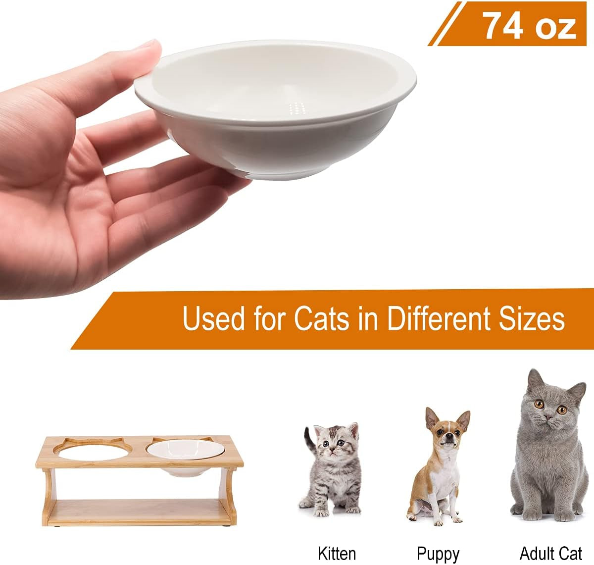 Premium Elevated Pet Bowls,15° Tilted Raised Cat Feeder Solid Bamboo Stand Food Feeding Bowl for Cats and Puppy (2 Bowls,Ceramic)