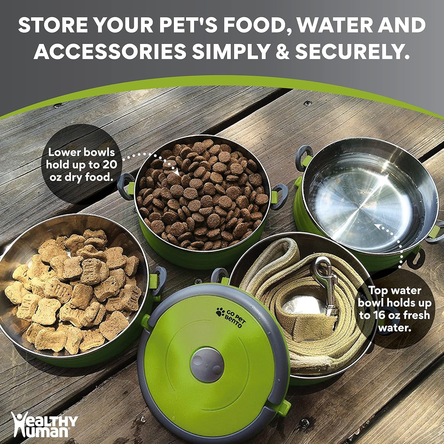 Travel Pet Bento Bowls - Human-Grade Stainless Steel & Bpa-Free, Leak-Proof Water & Food Container Set for Dogs & Cats, 3-Pack Interlocking Bowls, Includes Spare Clips & Handle (Green)