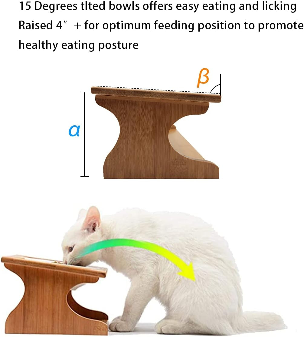 Premium Elevated Pet Bowls,15° Tilted Raised Cat Feeder Solid Bamboo Stand Food Feeding Bowl for Cats and Puppy (2 Bowls,Ceramic)