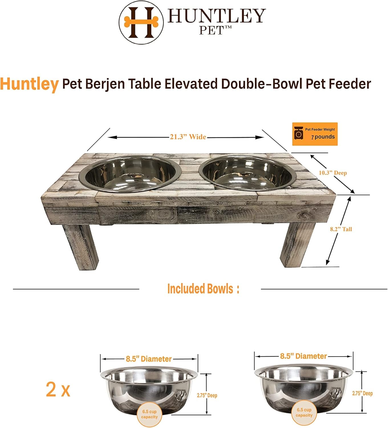 Pet Berjen Table Elevated Double Bowl Feeder, White Wash (Large)