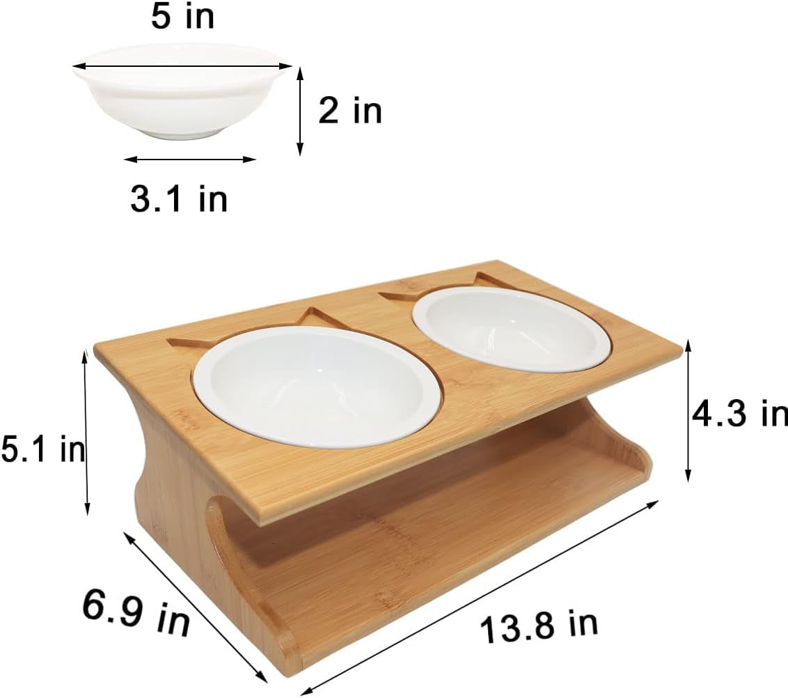 Premium Elevated Pet Bowls,15° Tilted Raised Cat Feeder Solid Bamboo Stand Food Feeding Bowl for Cats and Puppy (2 Bowls,Ceramic)