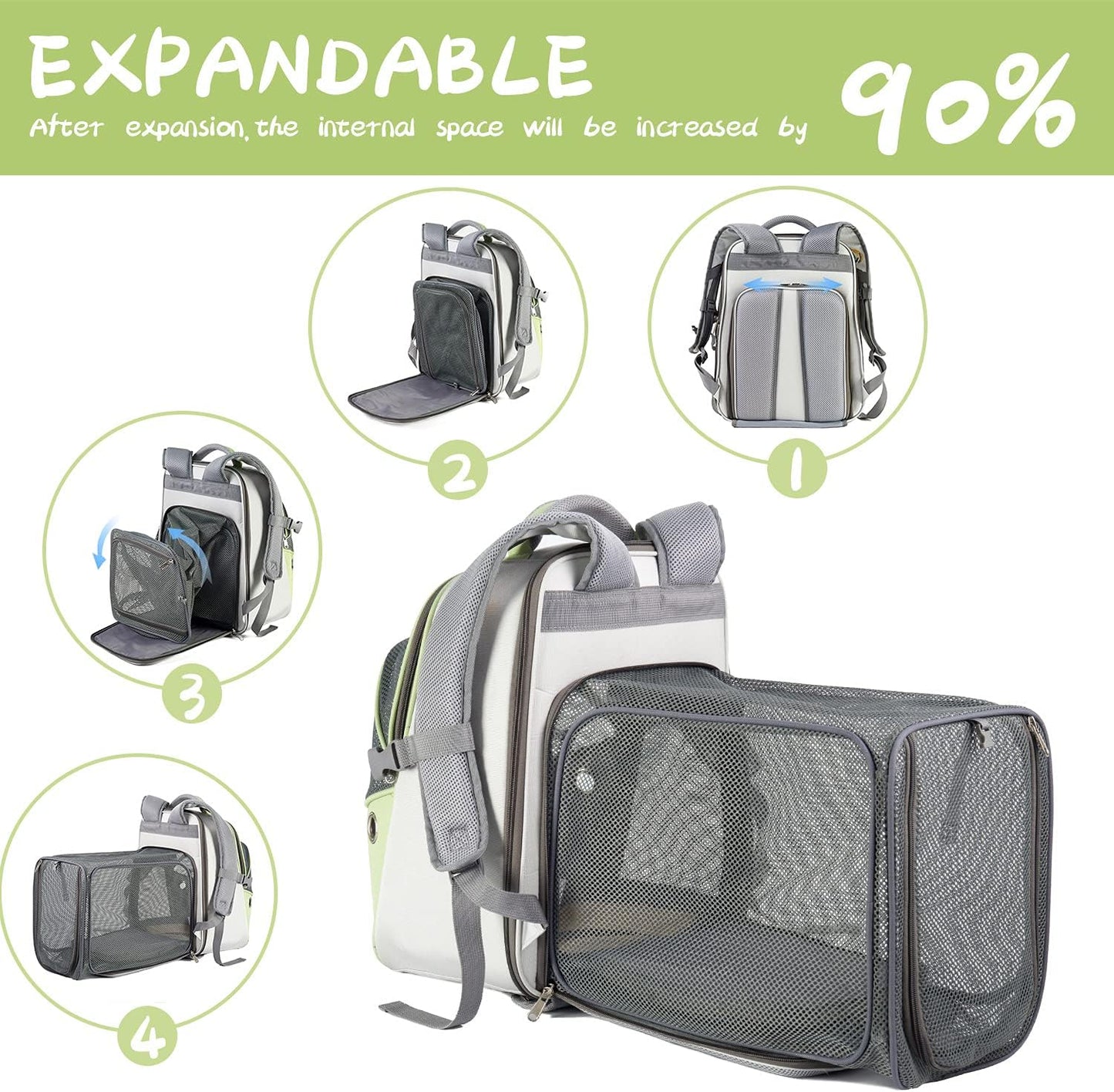 Pet Backpack Expandable - Cat Backpack Expandable - Pet Expandable Backpack Carrier for Small Dogs Backpack Carrier,Mesh Expandable Cat Backpack Carrier up to 16Lbs, Escape-Proof Zipper, Green