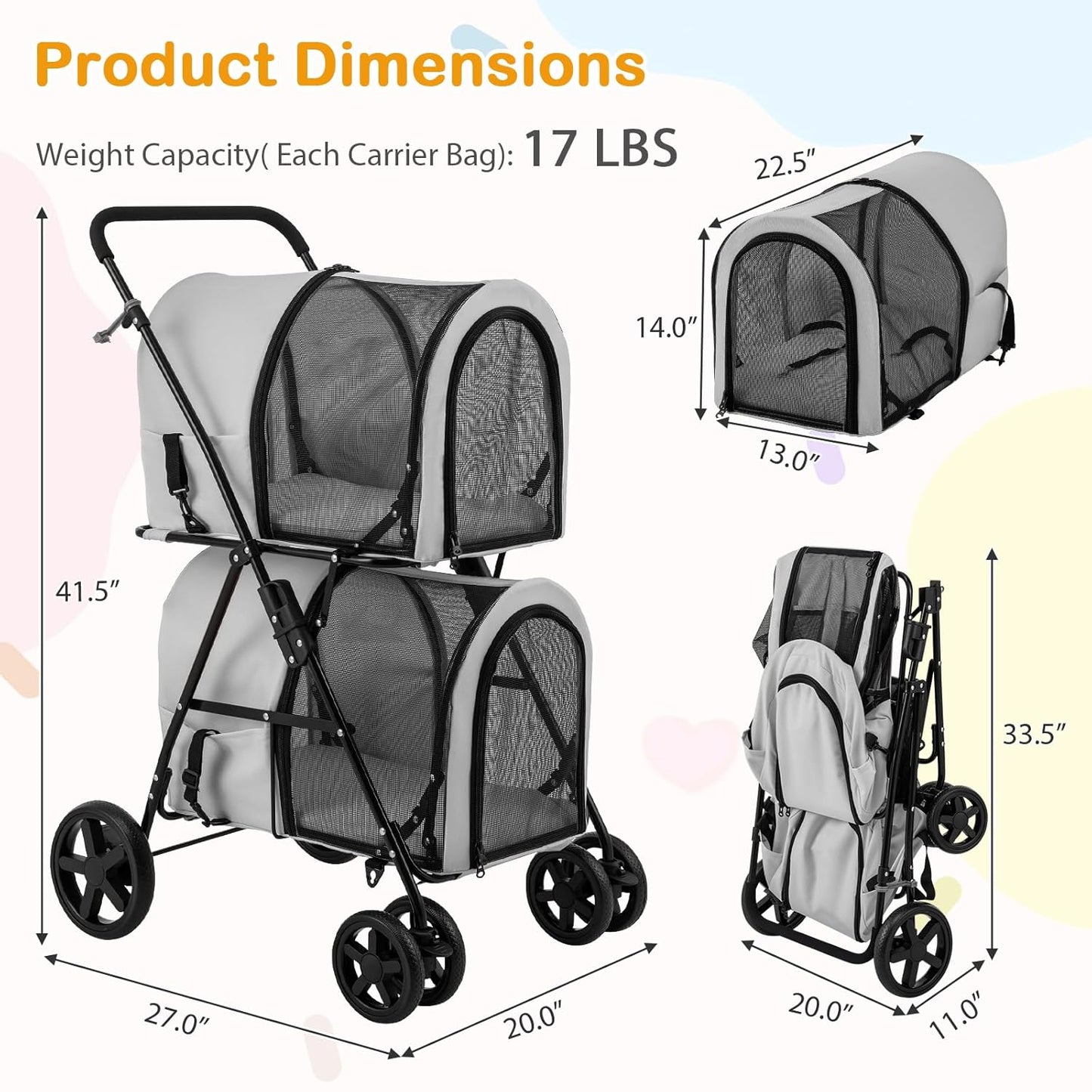 Double Pet Stroller with 2 Detachable Carrier Bags, Safety Belt, 4 Lockable Wheels, Folding Cat & Dog Stroller for Small Medium Pets, Cats Dogs Puppy Travel Strolling Cart (Gray)