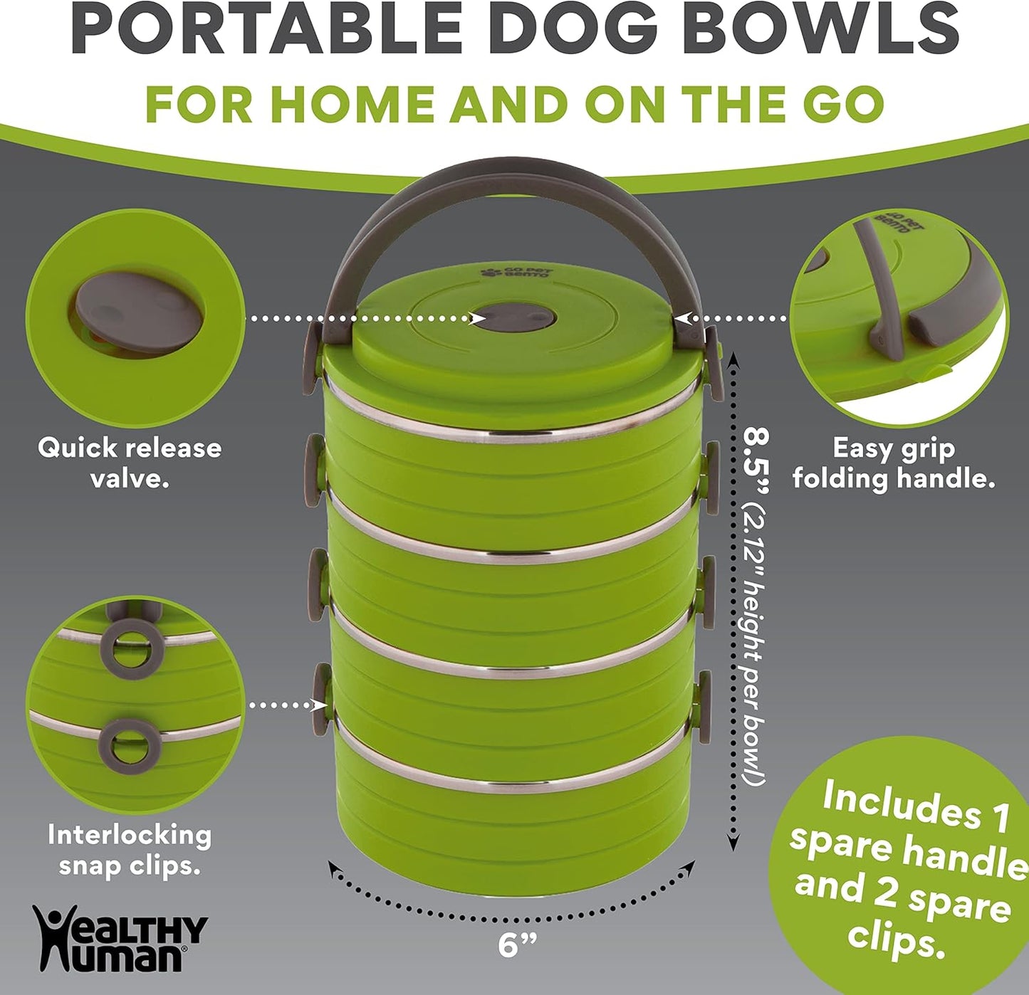 Travel Pet Bento Bowls - Human-Grade Stainless Steel & Bpa-Free, Leak-Proof Water & Food Container Set for Dogs & Cats, 3-Pack Interlocking Bowls, Includes Spare Clips & Handle (Green)