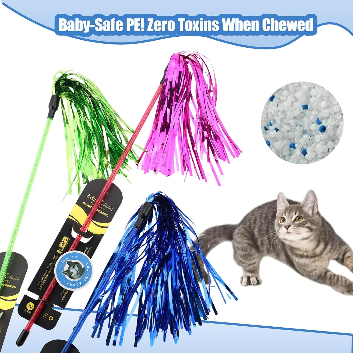 Interactive Cat Teaser Wand Toy with Tassels - Durable Cat Chaser for Indoor Kitten Exercise, Boredom Relief & Training Play, Pack of 3 (Gold, Silver, Green)