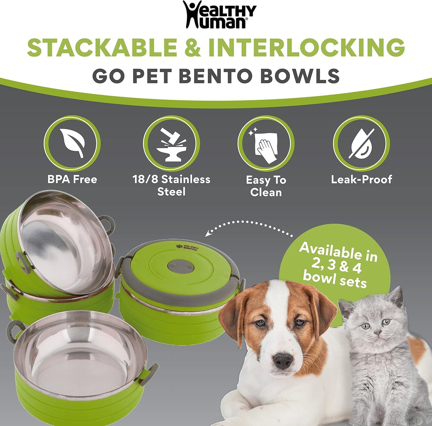 Travel Pet Bento Bowls - Human-Grade Stainless Steel & Bpa-Free, Leak-Proof Water & Food Container Set for Dogs & Cats, 3-Pack Interlocking Bowls, Includes Spare Clips & Handle (Green)
