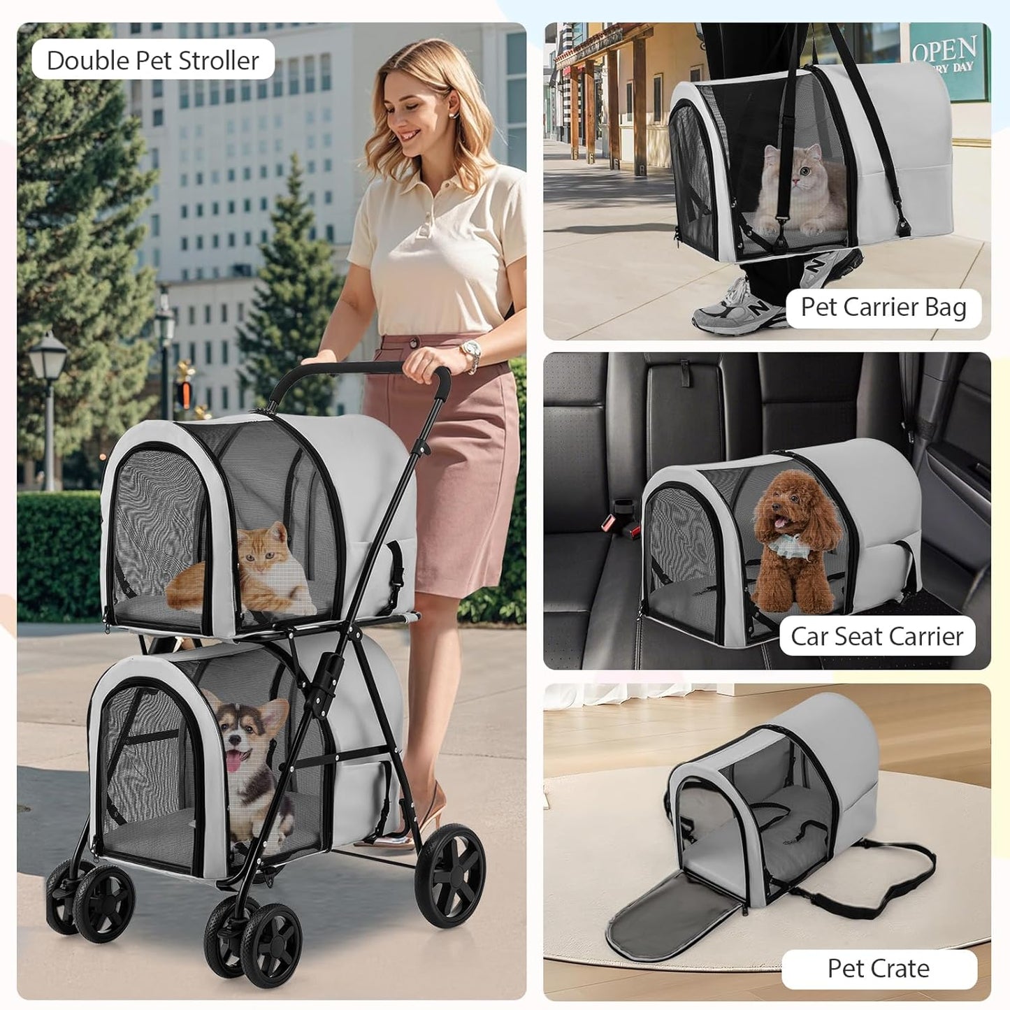 Double Pet Stroller with 2 Detachable Carrier Bags, Safety Belt, 4 Lockable Wheels, Folding Cat & Dog Stroller for Small Medium Pets, Cats Dogs Puppy Travel Strolling Cart (Gray)