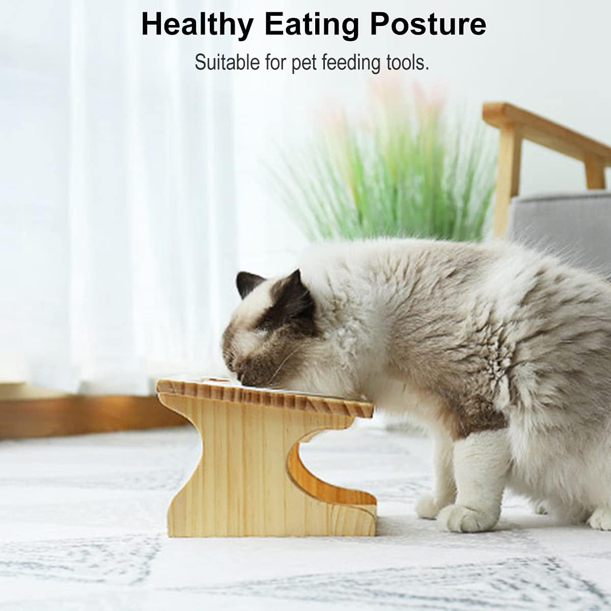 Premium Elevated Pet Bowls,15° Tilted Raised Cat Feeder Solid Bamboo Stand Food Feeding Bowl for Cats and Puppy (2 Bowls,Ceramic)