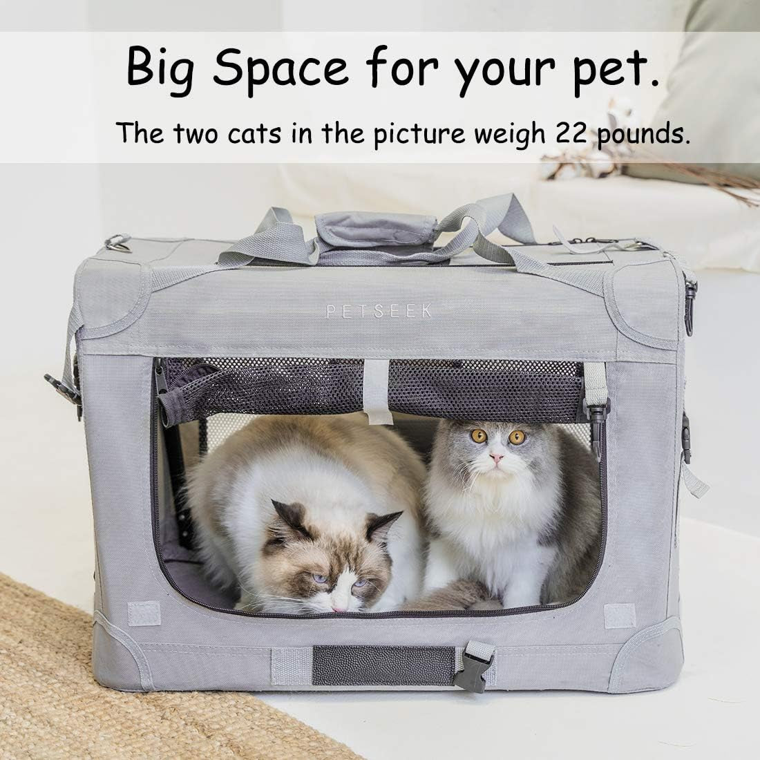 Extra Large Cat Carrier Soft Sided, Portable Small Dog Carrier for 2 Cats, 24"X16.5"X16" Car Travel Folding Comfortable Design with Bowl, Grey