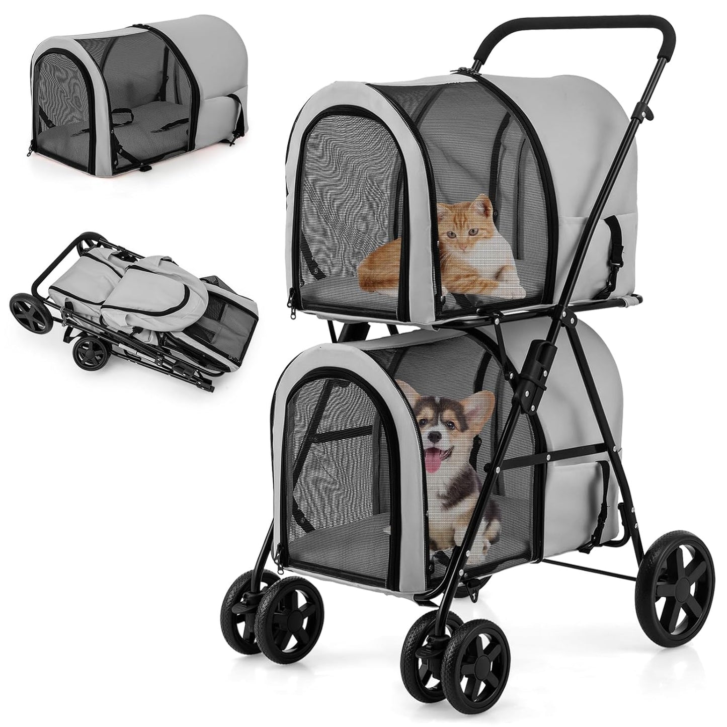 Double Pet Stroller with 2 Detachable Carrier Bags, Safety Belt, 4 Lockable Wheels, Folding Cat & Dog Stroller for Small Medium Pets, Cats Dogs Puppy Travel Strolling Cart (Gray)