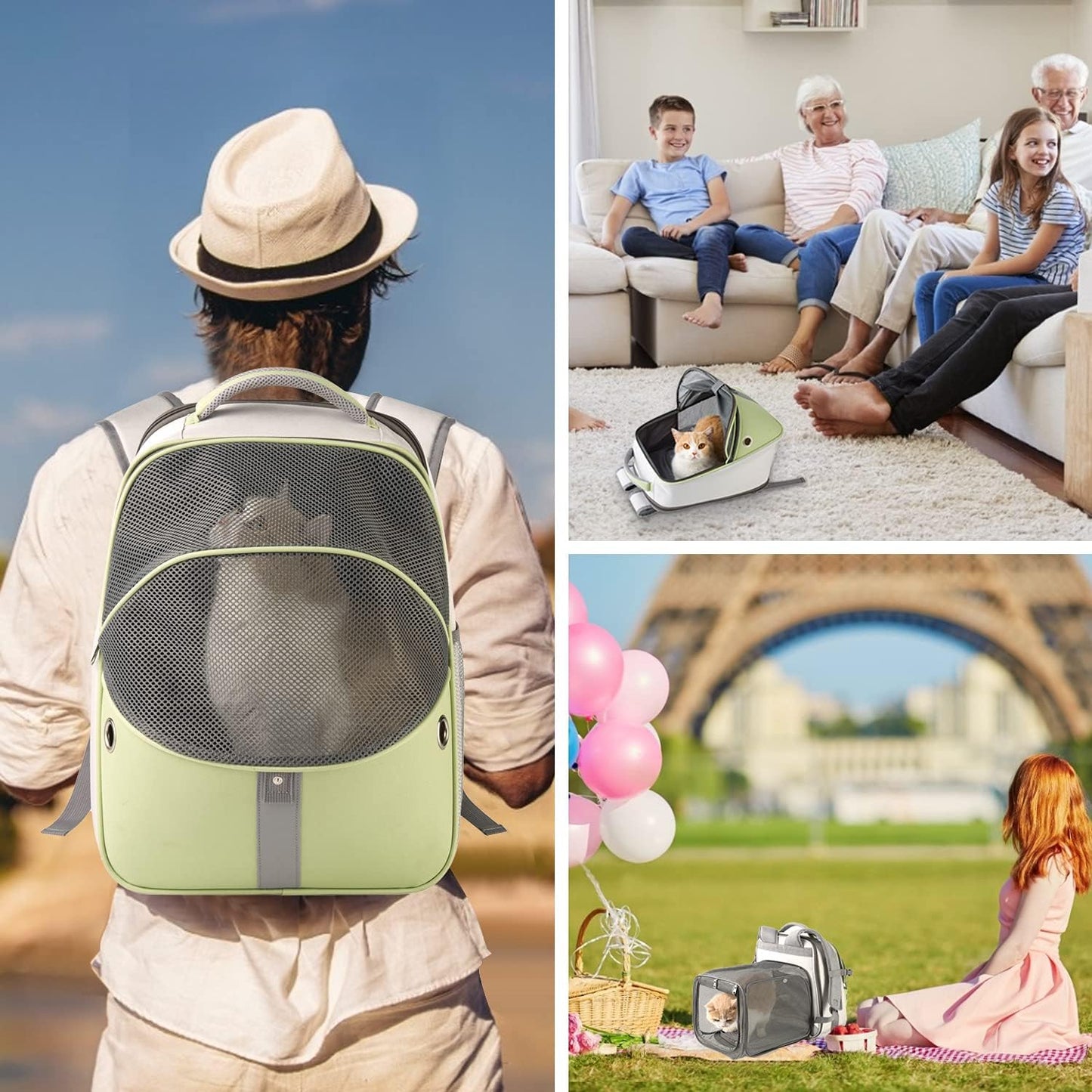 Pet Backpack Expandable - Cat Backpack Expandable - Pet Expandable Backpack Carrier for Small Dogs Backpack Carrier,Mesh Expandable Cat Backpack Carrier up to 16Lbs, Escape-Proof Zipper, Green
