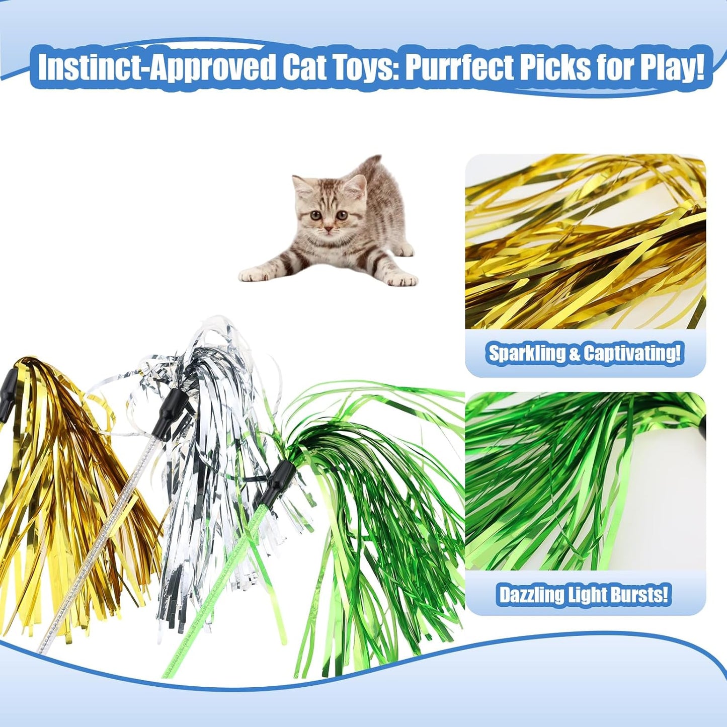 Interactive Cat Teaser Wand Toy with Tassels - Durable Cat Chaser for Indoor Kitten Exercise, Boredom Relief & Training Play, Pack of 3 (Gold, Silver, Green)