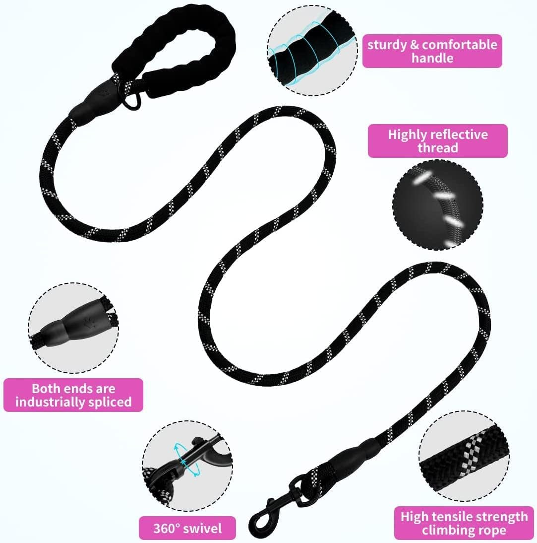 2 Pack 2/5/6 FT Dog Leash with Comfortable Padded Handle Reflective Dog Leashes for Medium Large Dogs with Collapsible Pet Bowl and Garbage Bags… (Black+Blue, 1/2'' X 5 FT)…