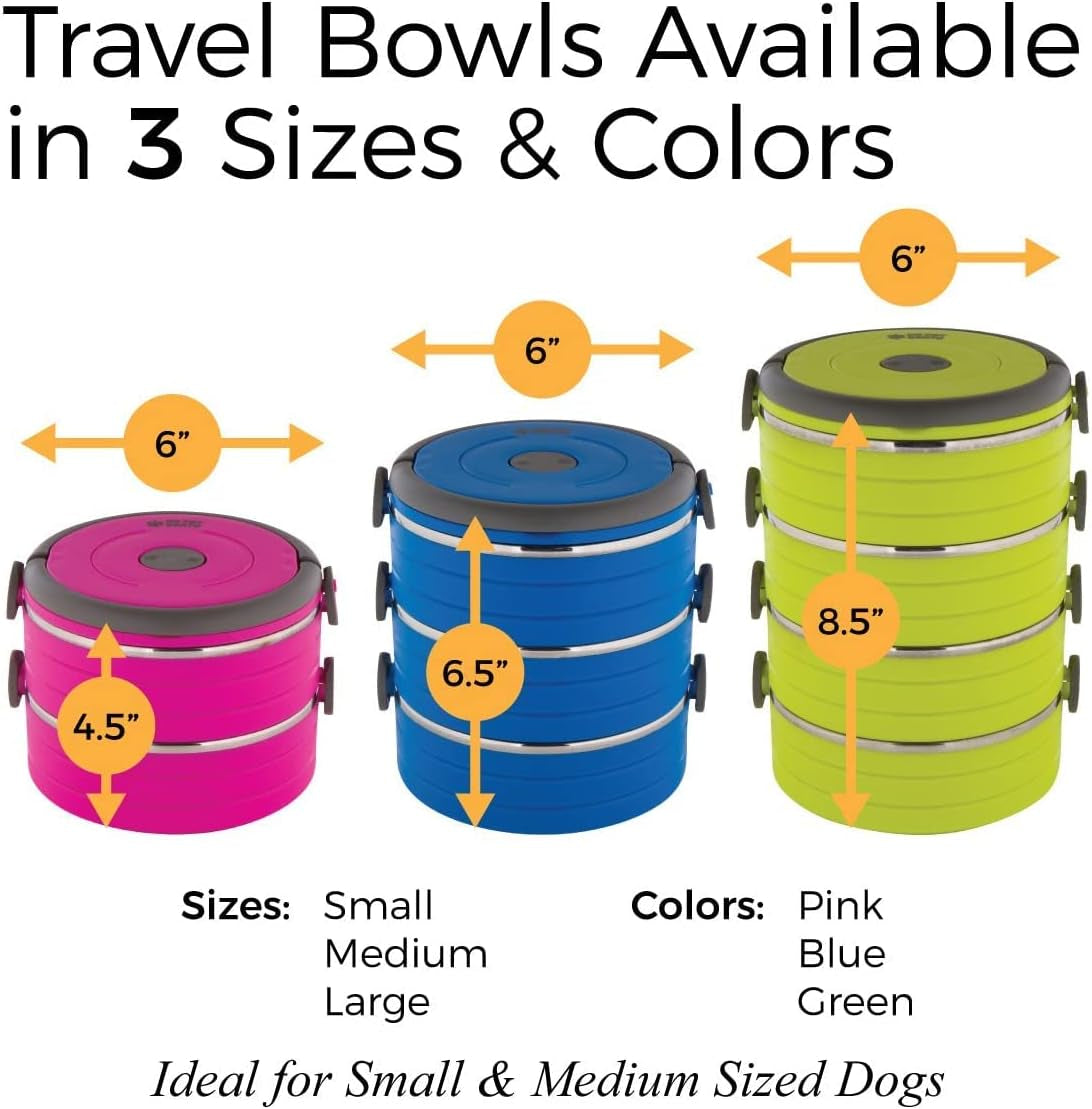 Travel Pet Bento Bowls - Human-Grade Stainless Steel & Bpa-Free, Leak-Proof Water & Food Container Set for Dogs & Cats, 3-Pack Interlocking Bowls, Includes Spare Clips & Handle (Green)