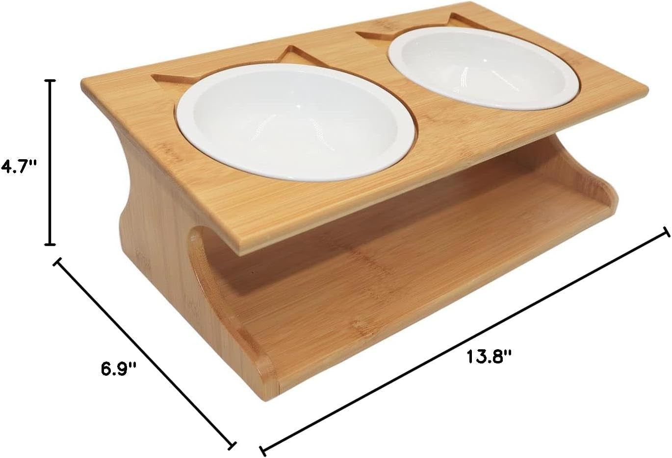 Premium Elevated Pet Bowls,15° Tilted Raised Cat Feeder Solid Bamboo Stand Food Feeding Bowl for Cats and Puppy (2 Bowls,Ceramic)