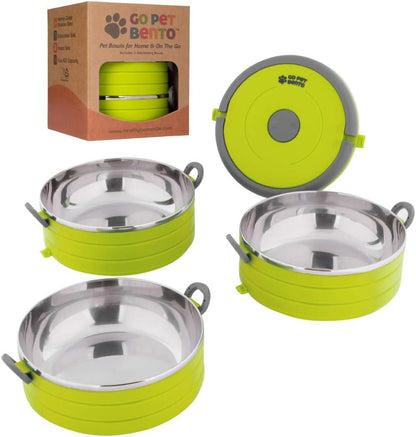 Travel Pet Bento Bowls - Human-Grade Stainless Steel & Bpa-Free, Leak-Proof Water & Food Container Set for Dogs & Cats, 3-Pack Interlocking Bowls, Includes Spare Clips & Handle (Green)