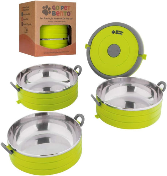 Travel Pet Bento Bowls - Human-Grade Stainless Steel & Bpa-Free, Leak-Proof Water & Food Container Set for Dogs & Cats, 3-Pack Interlocking Bowls, Includes Spare Clips & Handle (Green)