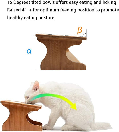 Premium Elevated Pet Bowls,15° Tilted Raised Cat Feeder Solid Bamboo Stand Food Feeding Bowl for Cats and Puppy (2 Bowls,Ceramic)