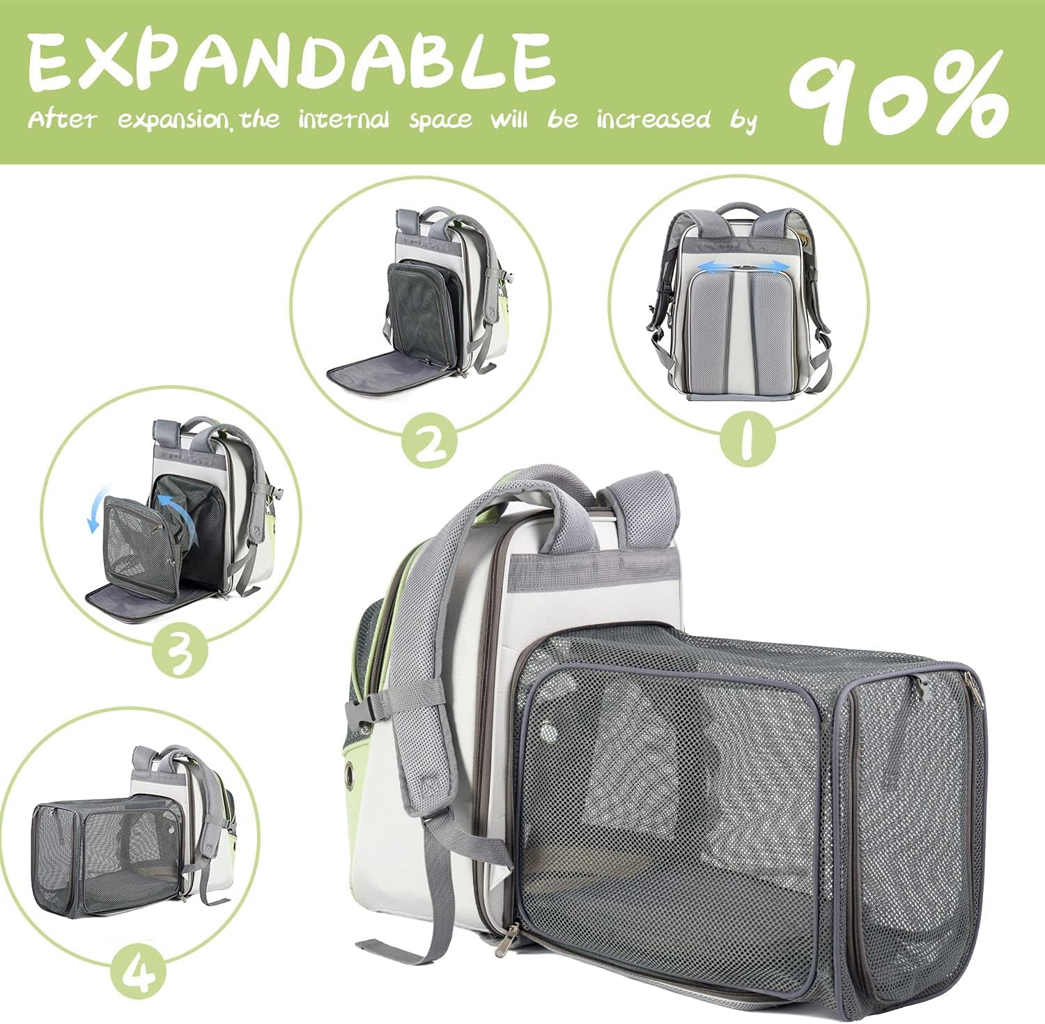 Pet Backpack Expandable - Cat Backpack Expandable - Pet Expandable Backpack Carrier for Small Dogs Backpack Carrier,Mesh Expandable Cat Backpack Carrier up to 16Lbs, Escape-Proof Zipper, Green