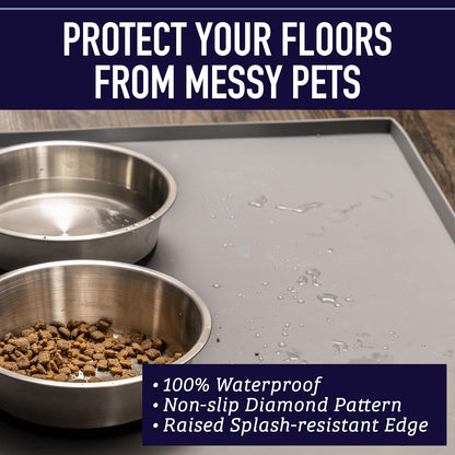 Silicone Dog Bowl Mat - XL 25" X 17", Gray - Tall Lip Waterproof & Non-Slip Floor Mat for Pet Food & Water Bowls