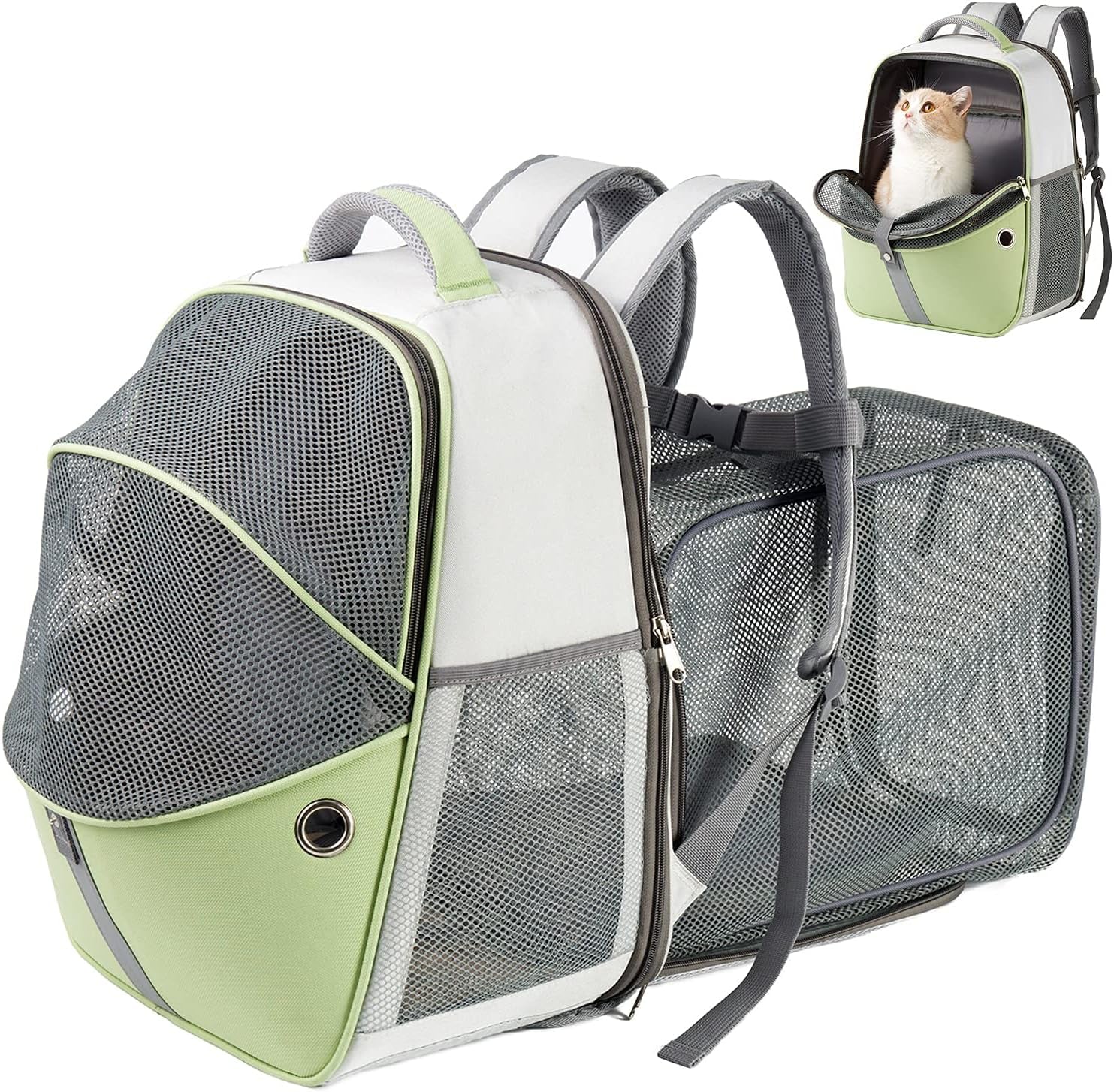 Pet Backpack Expandable - Cat Backpack Expandable - Pet Expandable Backpack Carrier for Small Dogs Backpack Carrier,Mesh Expandable Cat Backpack Carrier up to 16Lbs, Escape-Proof Zipper, Green