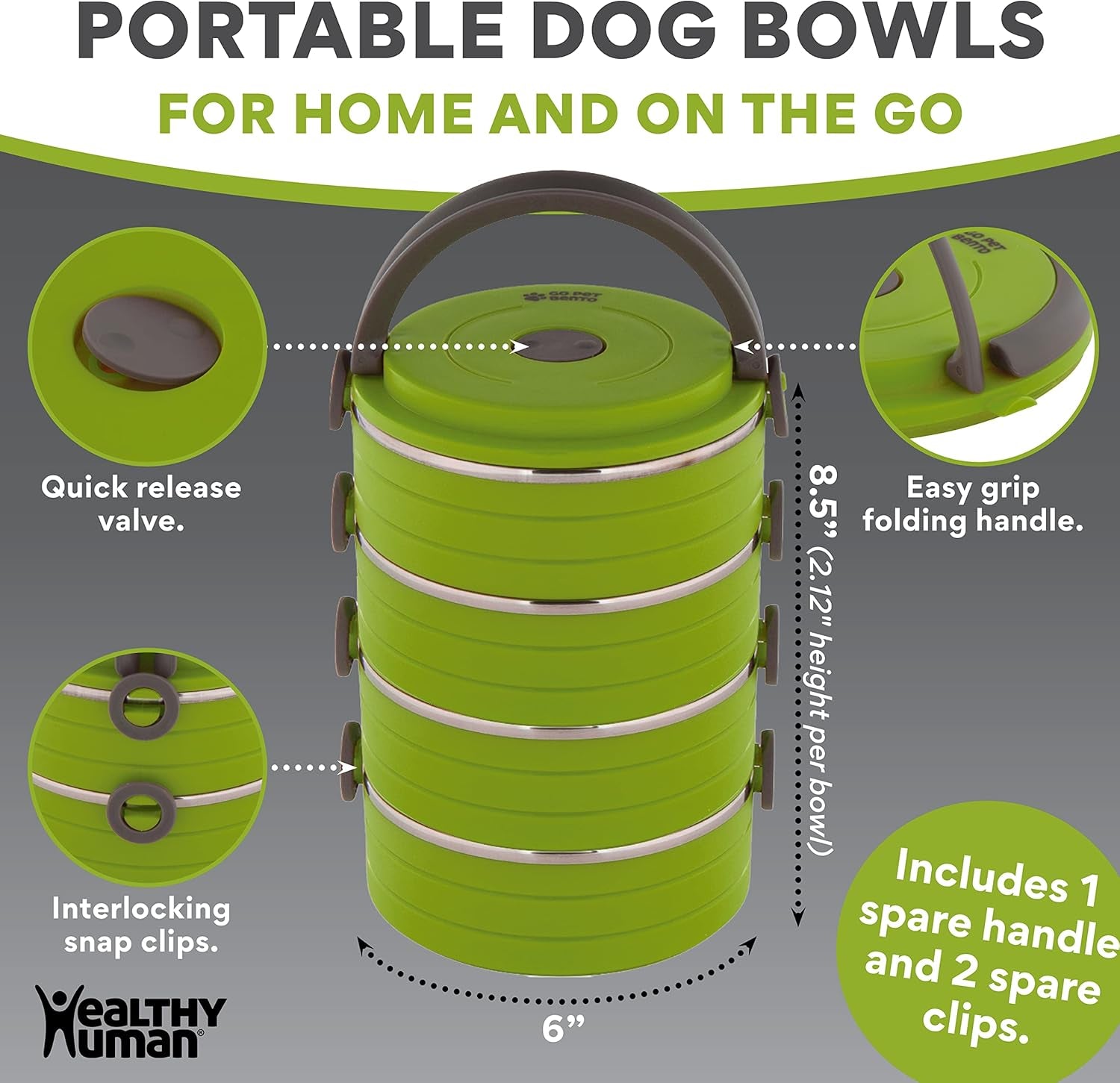 Travel Pet Bento Bowls - Human-Grade Stainless Steel & Bpa-Free, Leak-Proof Water & Food Container Set for Dogs & Cats, 3-Pack Interlocking Bowls, Includes Spare Clips & Handle (Green)
