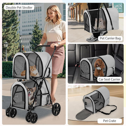 Double Pet Stroller with 2 Detachable Carrier Bags, Safety Belt, 4 Lockable Wheels, Folding Cat & Dog Stroller for Small Medium Pets, Cats Dogs Puppy Travel Strolling Cart (Gray)