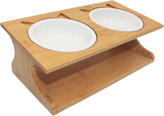 Premium Elevated Pet Bowls,15° Tilted Raised Cat Feeder Solid Bamboo Stand Food Feeding Bowl for Cats and Puppy (2 Bowls,Ceramic)